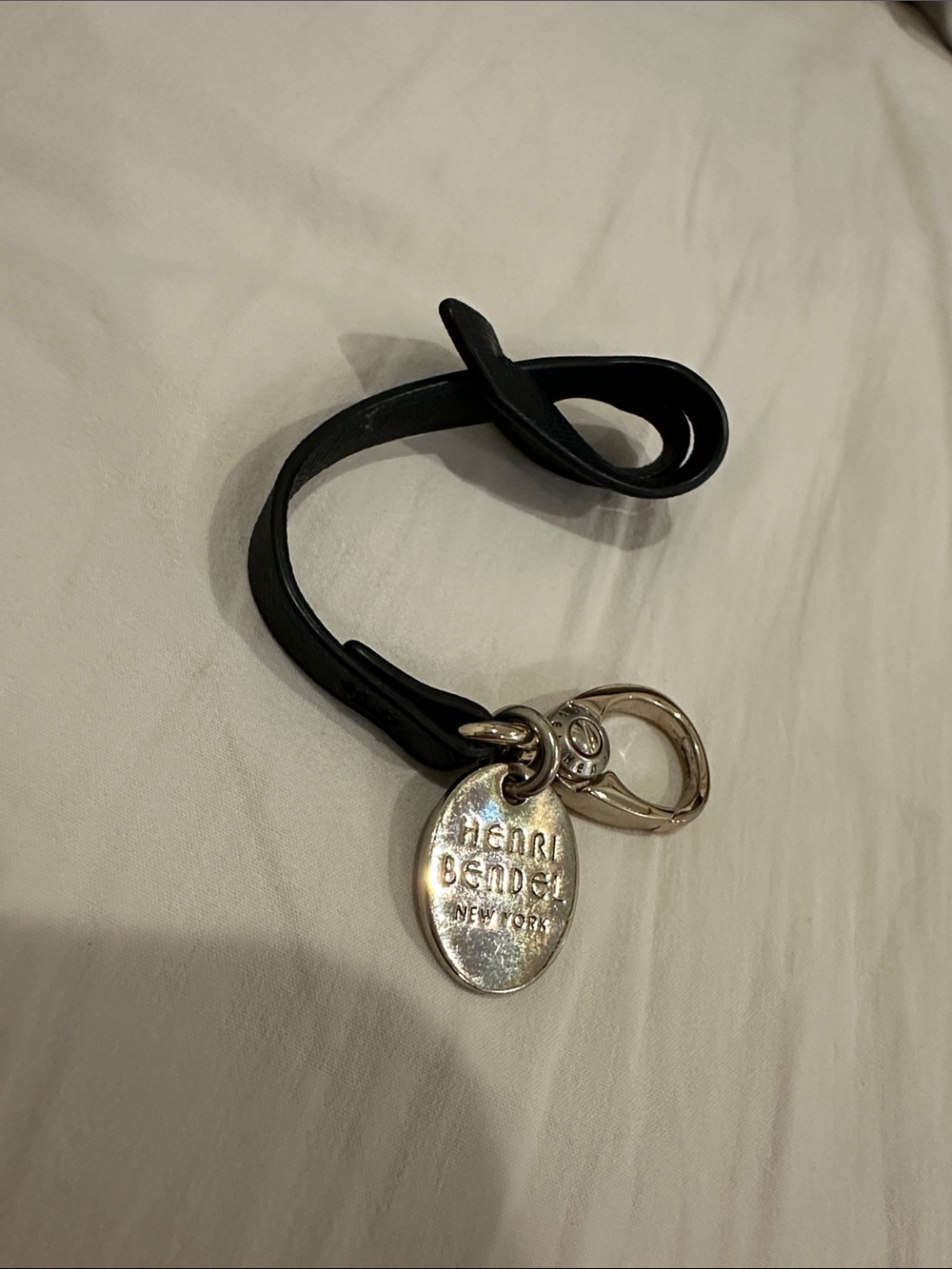 henri bendel Black Leather Loop Key Holder with Silver Logo Charm